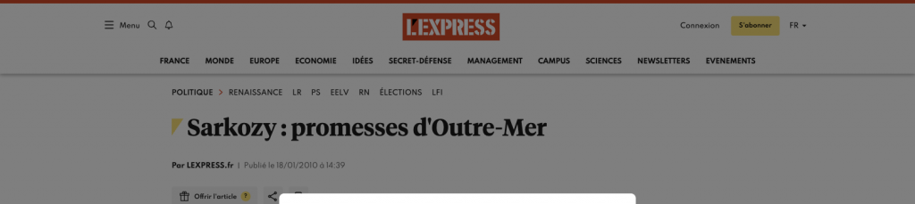 Capture de l'article "Sarkozy : promesses d'Outre-Mer" publié par L'Express