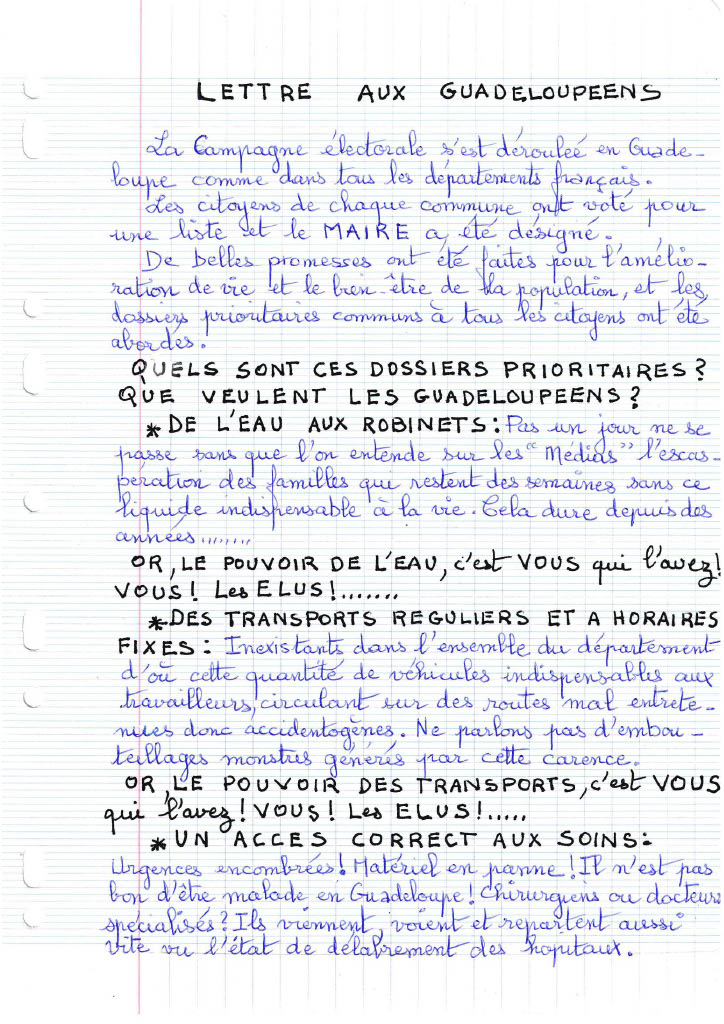 Lettre manuscrite adressée aux Guadeloupéens – page 1