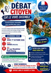 Affiche du débat citoyen sur le vivre ensemble organisé par le CSLR le jeudi 1er octobre 2026 à 19h00, 67 rue Schoelcher à Petit-Bourg